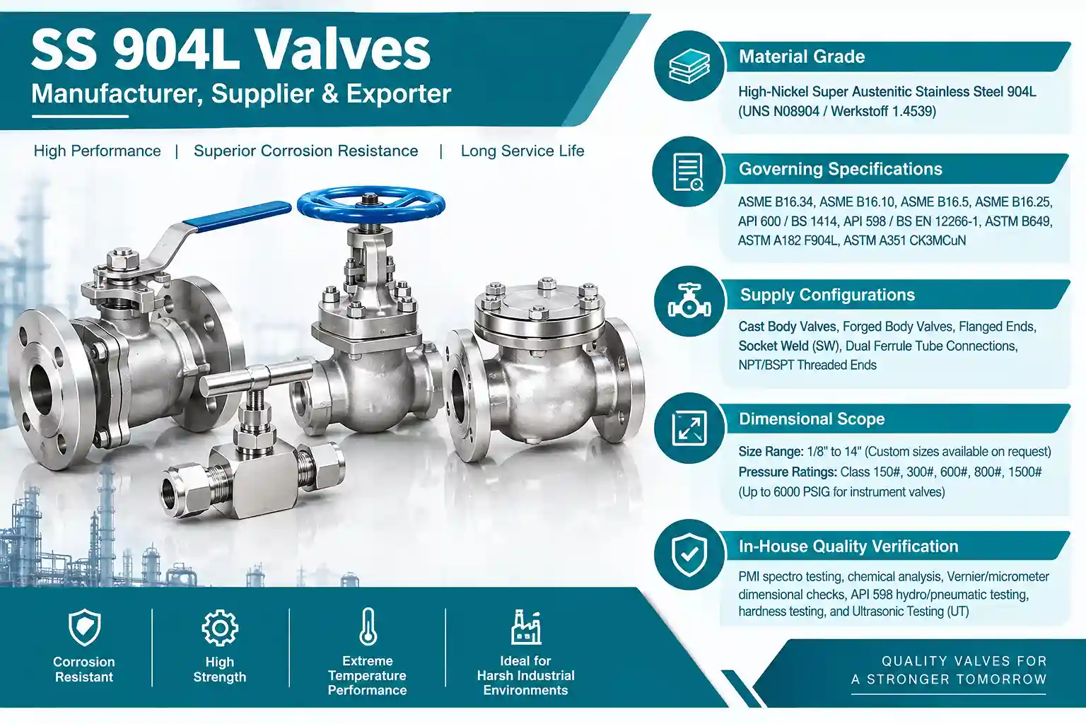 Industrial ASME B16.34 grade SS 904L stainless steel valves ready for dispatch from stock